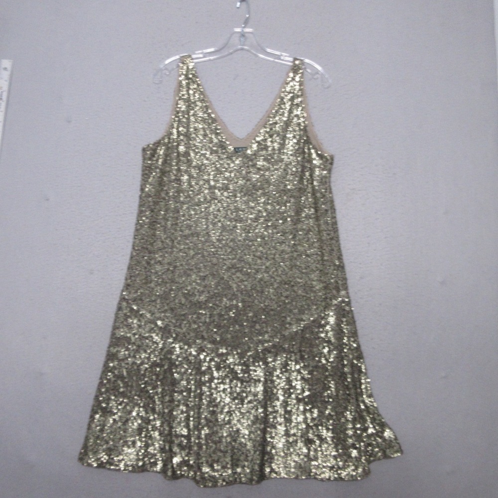Lauren Ralph Lauren Dress 12 Gold Sequin V Neck Shimmer Cocktail Old Money Party